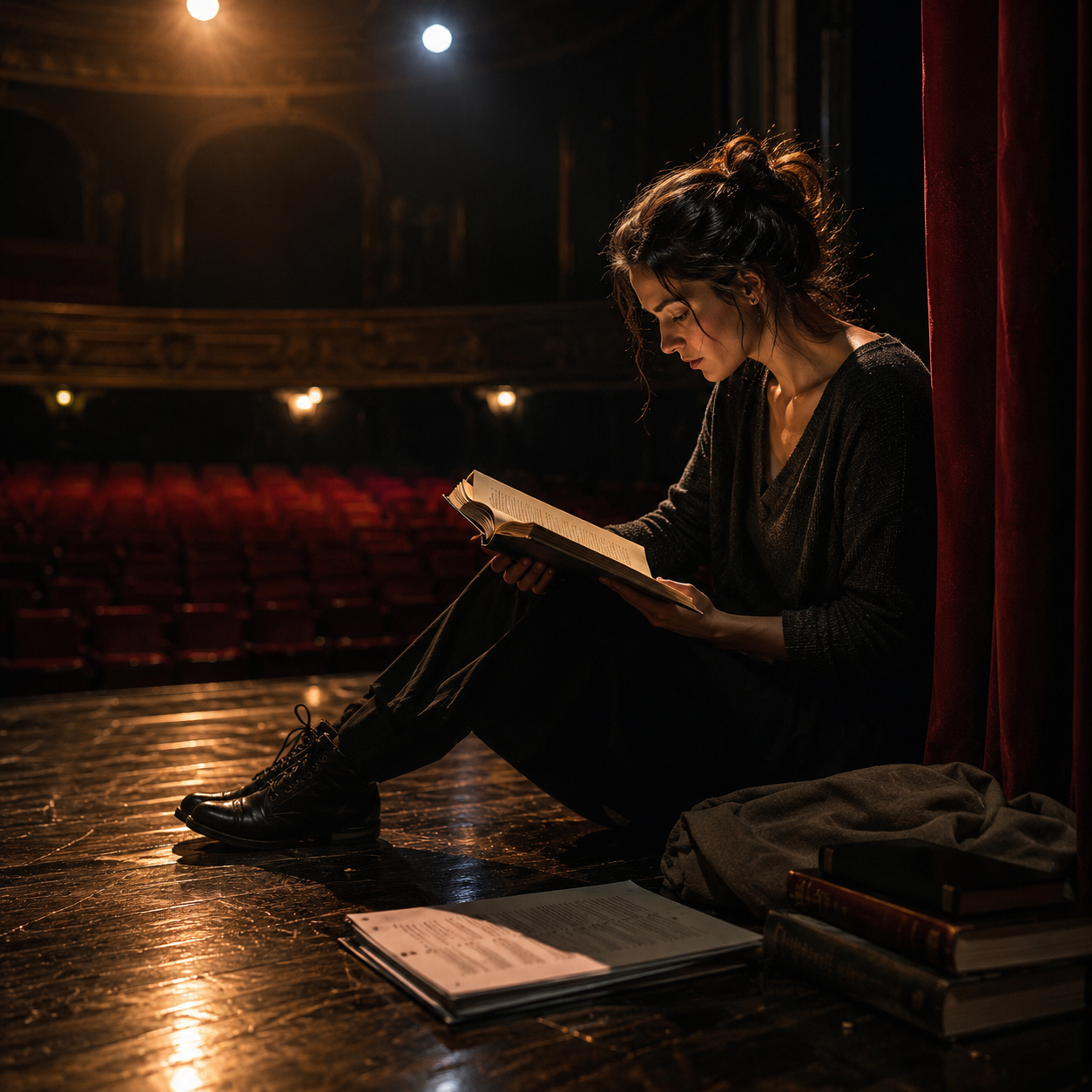 Actor sitting on a darkened stage reading an acting book