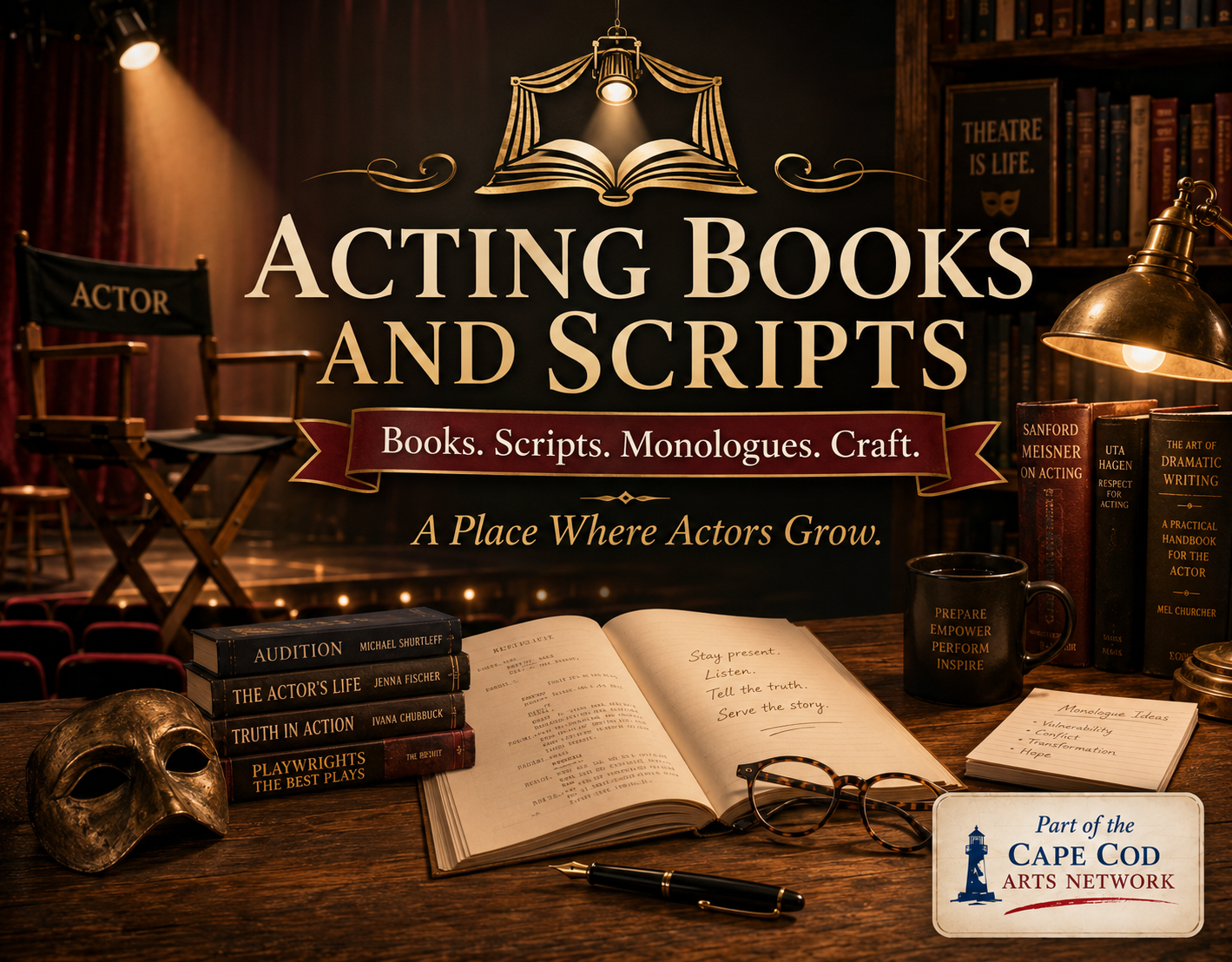 Acting Books and Scripts banner with theater stage, acting books, scripts, and Cape Cod Arts Network badge